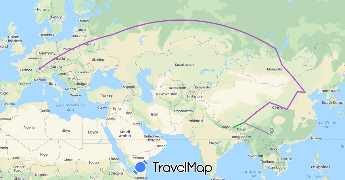 TravelMap itinerary: driving, bus, plane, train in Switzerland, China, Czech Republic, Mongolia, Nepal, Russia (Asia, Europe)